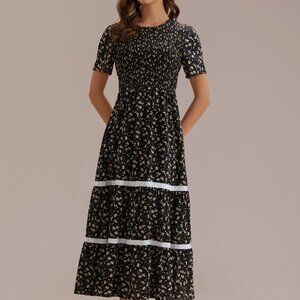 Black Floral Short Sleeve Round Neck Smocked Midi Dress- Size Medium